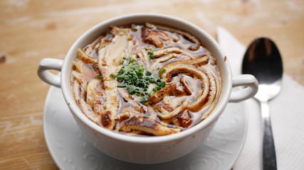 Warm austrian soup. Frittatensuppe, Sliced Pancake Soup.