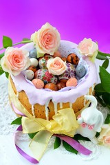Easter cake with glace icing and easter eggs