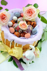 Easter cake with glace icing and easter eggs