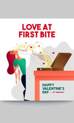 Valentine/Love Food Concept. Vector illustration of a girl and pizza box. Girl smelling pizza. Foodie Vector. Love at first bite
