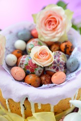 Easter cake with glace icing and easter eggs