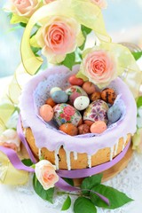 Easter cake with glace icing and easter eggs