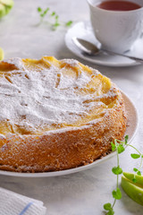 Fragrant charlotte with fresh apples and powdered sugar.