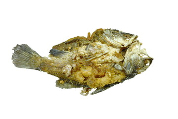 Obraz premium deep fried salty bass fish with garlic on white background
