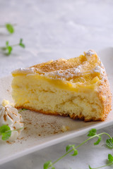 Fragrant charlotte with fresh apples and powdered sugar.