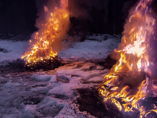 a fire is burning from a pile of wires in the winter forest. Environmental pollution