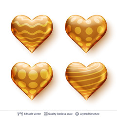 Set of 3D hearts with golden patterns.