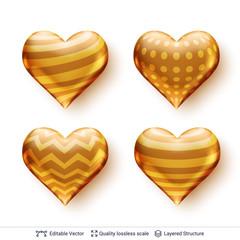 Set of 3D hearts with golden patterns.