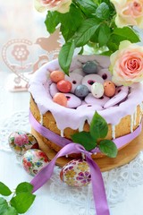 Easter cake with glace icing and easter eggs