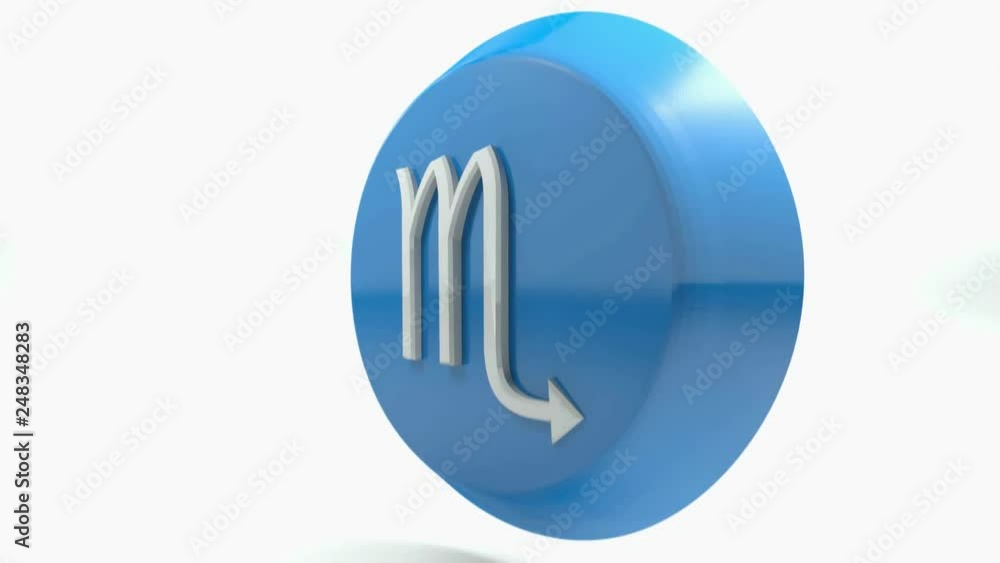Poster a blue circle push button with the icon of the zodiacal sign scorpio, isolated on white background -
