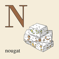 Letter N with nougat. Illustrated English alphabet with sweets.