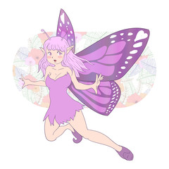 vector illustration of butterfly fairy on flowers pattern background