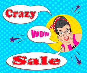 text that says crazy sale in pop art with an emotional woman