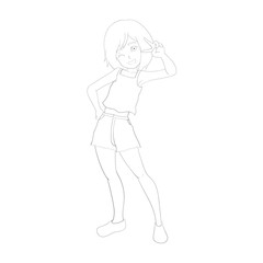 vector illustration of a cute girl in V-sign poses, line art