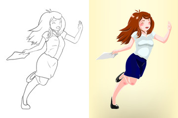 vector illustration of a business woman in escape action, color and line art