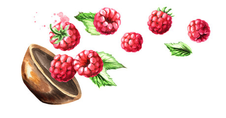 Bowl with ripe raspberry. Watercolor hand drawn horizontal  illustration, isolated on white background