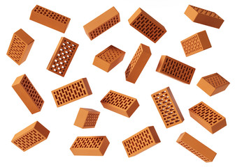 Obraz na płótnie Canvas Set of bricks on a white background. Abstract geometric concept of flying bricks. Isolated on white, clipping path.