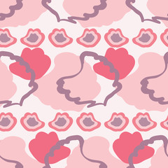 Organic, abstract shapes in spring colors create this dynamic repeat seamless pattern. Vector design in light and bright pink and purple tones. Bold and dynamic, great for fashion, textiles and decor.