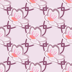 Pretty, blooming cherry blossoms on a geometric background. Seamless vector repeat pattern design in pink, coral, purple lavender and white. Asian-inspired, great for textiles, gift wrapping paper.