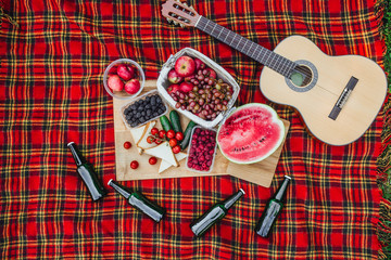 Picnic with watermelon and other fruits on nature,guitar,nobide,fresh air,lifestyle