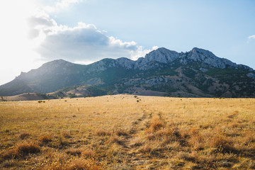 A path through dried grass leads to the mountains