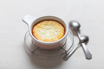 Freshly baked homemade cottage cheese casserole in a Cup