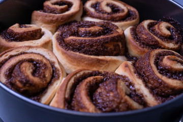 Close up shot of cinnamon buns. Homemade cinnamon rolls