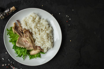 rice and chicken meat. diet food. food background. copy space