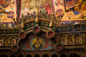 decorations and ornaments on the inner walls of St. Basil's Cathedral, the world-famous Orthodox Church on red square, a Museum where it is allowed to photograph