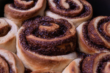 Close up shot of cinnamon buns. Homemade cinnamon rolls