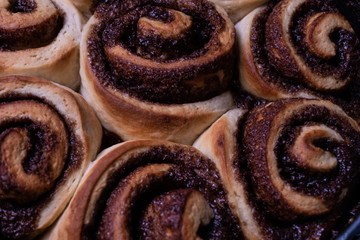 Close up shot of cinnamon buns. Homemade cinnamon rolls