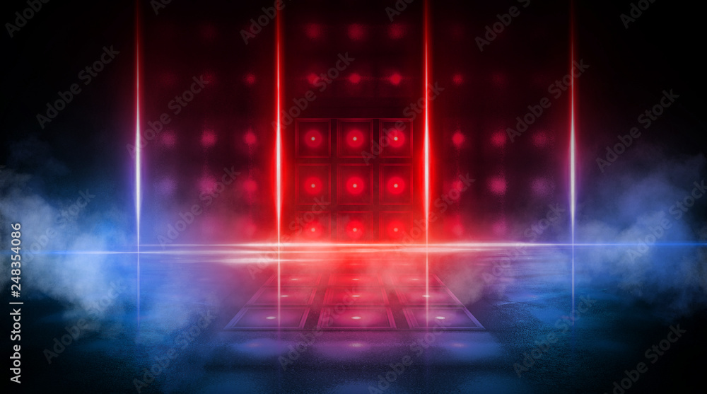 Fototapete Empty scene of a show with lanterns and concrete floor, abstract background with bokeh, lights, rays