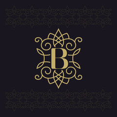 Capital letter B. Beautiful monogram. Elegant logo. Calligraphic design. Luxury emblem. Vintage ornament. Simple graphics style. Flourishes boutique brand on black background. Vector illustration