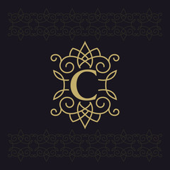 Capital letter C. Beautiful monogram. Elegant logo. Calligraphic design. Luxury emblem. Vintage ornament. Simple graphics style. Flourishes boutique brand on black background. Vector illustration