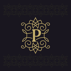 Capital letter P. Beautiful monogram. Elegant logo. Calligraphic design. Luxury emblem. Vintage ornament. Simple graphics style. Flourishes boutique brand on black background. Vector illustration