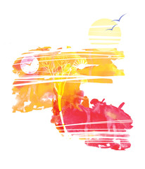 Depressive autumn landscape. Leafless trees and clocks. Sun and lonely birds