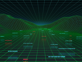 Virtual digital landscape with flowing numbers and particles. High technology concept, 3D render.