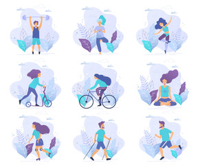 Fototapeta premium Healthy lifestyle. Different physical activities: running, roller skates, bodybuilding, yoga, fitness, scooter, nordic walking. Flat vector illustration.