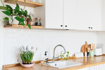 Modern white u-shaped kitchen in scandinavian style.