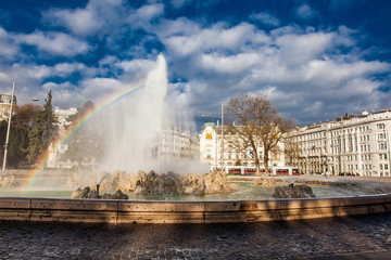 View of the beautiful buildings at Vienna city center and the fountain at Schwarzenbergplatz