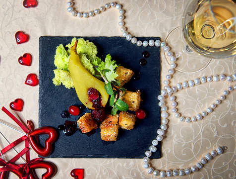 A Delicious Dish Of Grilled Cheese And Pear Top View On A Vintage Tablecloth. Restaurant Menu.