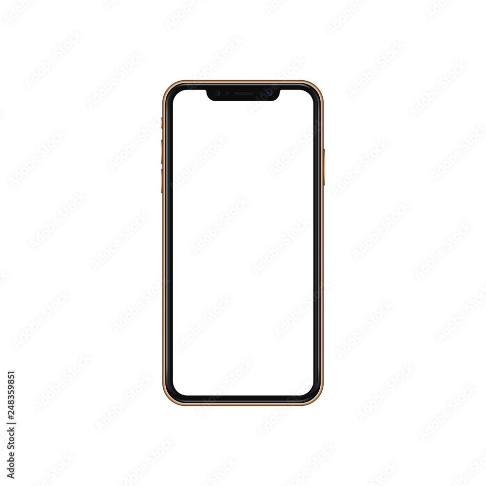 Poster new gold concept of mobile phone with camera and volume buttons, empty screen and isolated, vector h