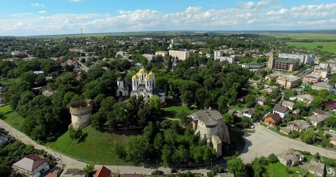 Castle. City of Ostrog. Ukraine, Rivne region, Aerial drone view