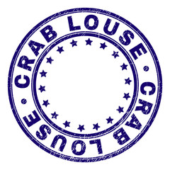 CRAB LOUSE stamp seal imprint with distress texture. Designed with circles and stars. Blue vector rubber print of CRAB LOUSE caption with corroded texture.