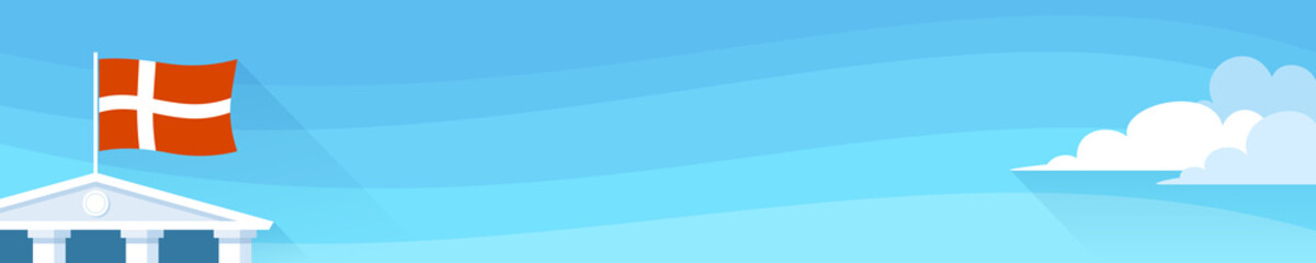 Banner with denmark flag on roof of administrative or government or consulate building