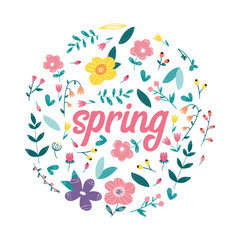 Spring,  flowers arranged in circle. Floral design.  Vector illustration.