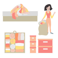 Tidy up and declutter concept vector icon set. Closet organization illustration. Woman with bag decluttering and tidying her clothes. Before after. Drawer with folded clothes. Storage boxes