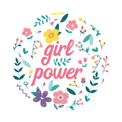Fototapeta na wymiar Girl power, flowers arranged in circle. Floral design. Vector illustration.