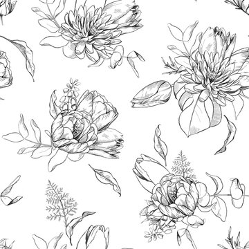 Black and white semless pattern of pencil sketch illustration of tulip, aster flowers and eucalyptus leaves.