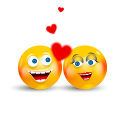 Happy couple Emoji Kawaii Faces in love with red hearts flying around. Communication Chat Elements or icon.